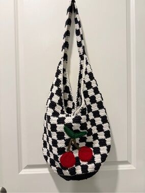 Checkered Crochet Cherry Shoulder Bag - Black & White